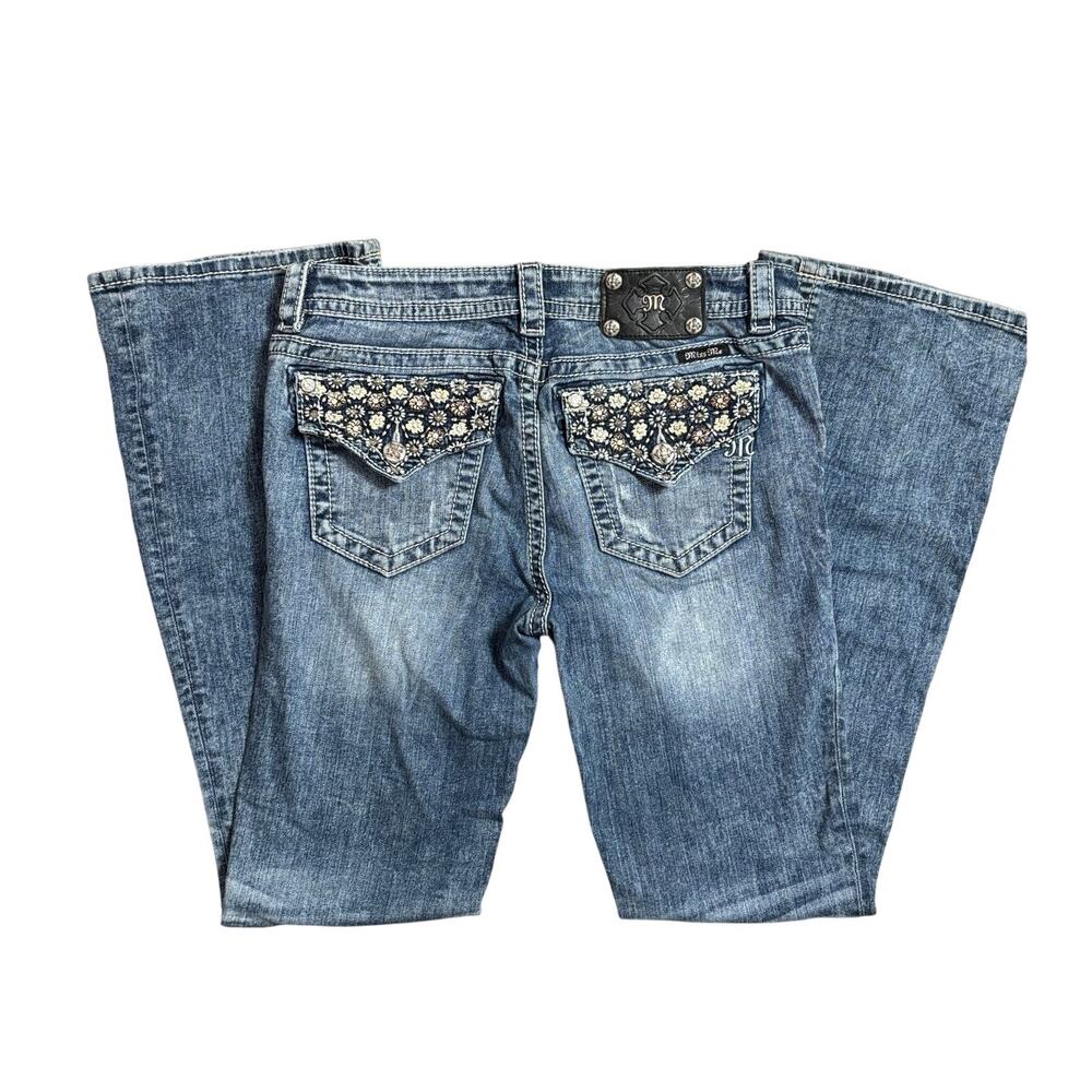Miss Me Bootcut Jeans Floral Embellished Flap Pockets Mid Rise 30